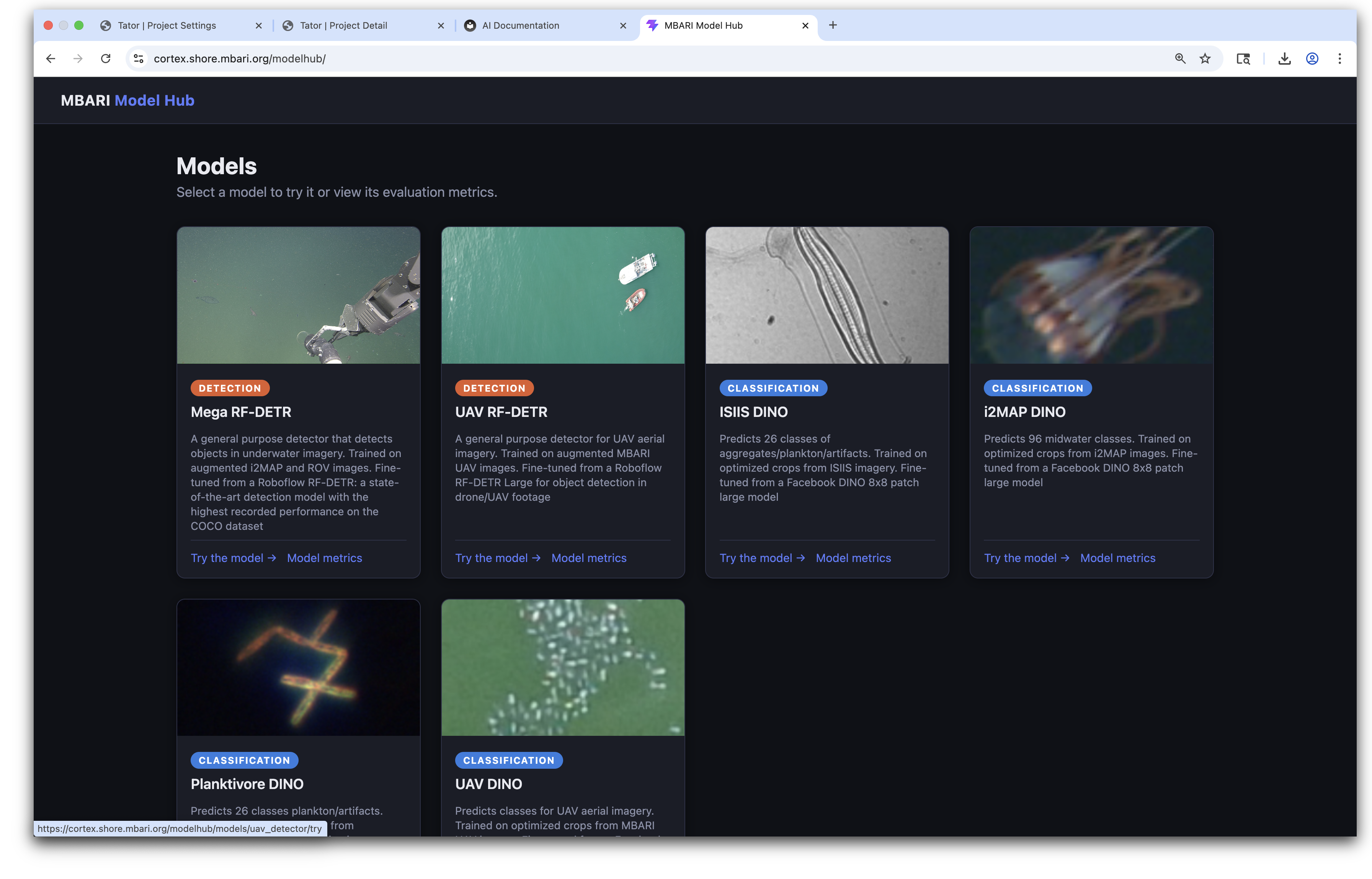 Screenshot of MBARI Model Hub listing detection and classification models