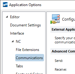 "Communications" option in the "Application Options" dialog box.