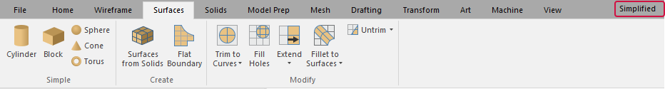 The "Surfaces" tab in Mastercam with "Simplified" mode selected.