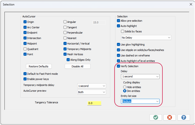 The Selection page of the System Configuration dialog box.