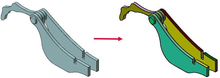 A before and after of a mesh exploded using Explode Mesh. 