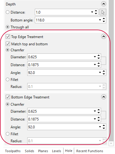 Detail of Hole function panel with Edge Treatment options highlighted.
