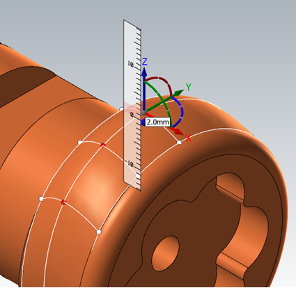 A gnomon editing multiple node points on a surface along the Z axis.
