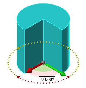 A cylinder part and its on-screen sweep angle control arrows.
