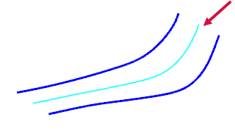 Two wireframe curves with a third curve equally between them.