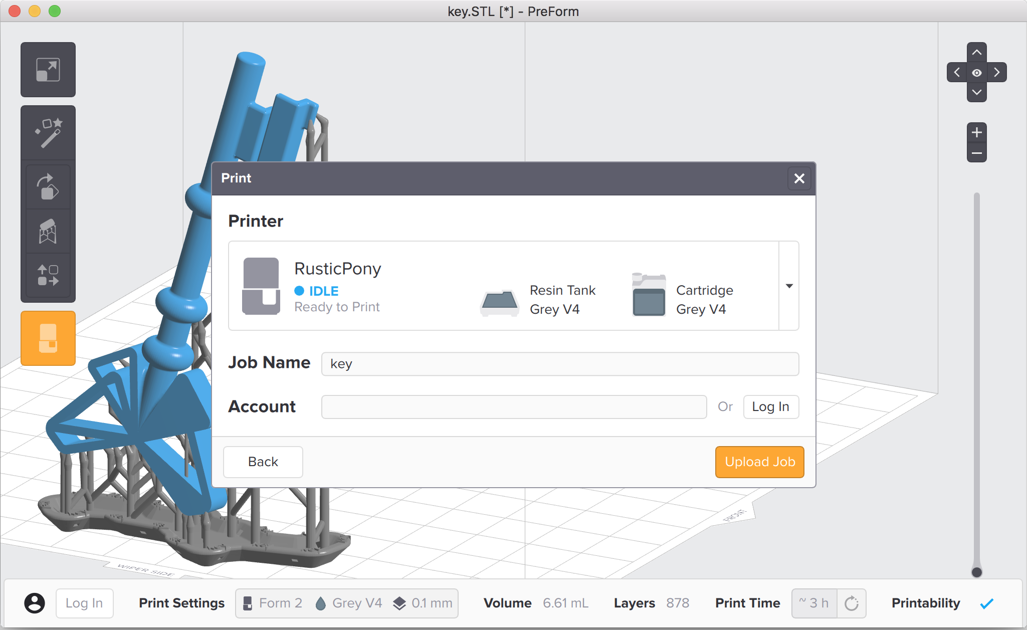 PreForm screen with option to name print job and account log-in