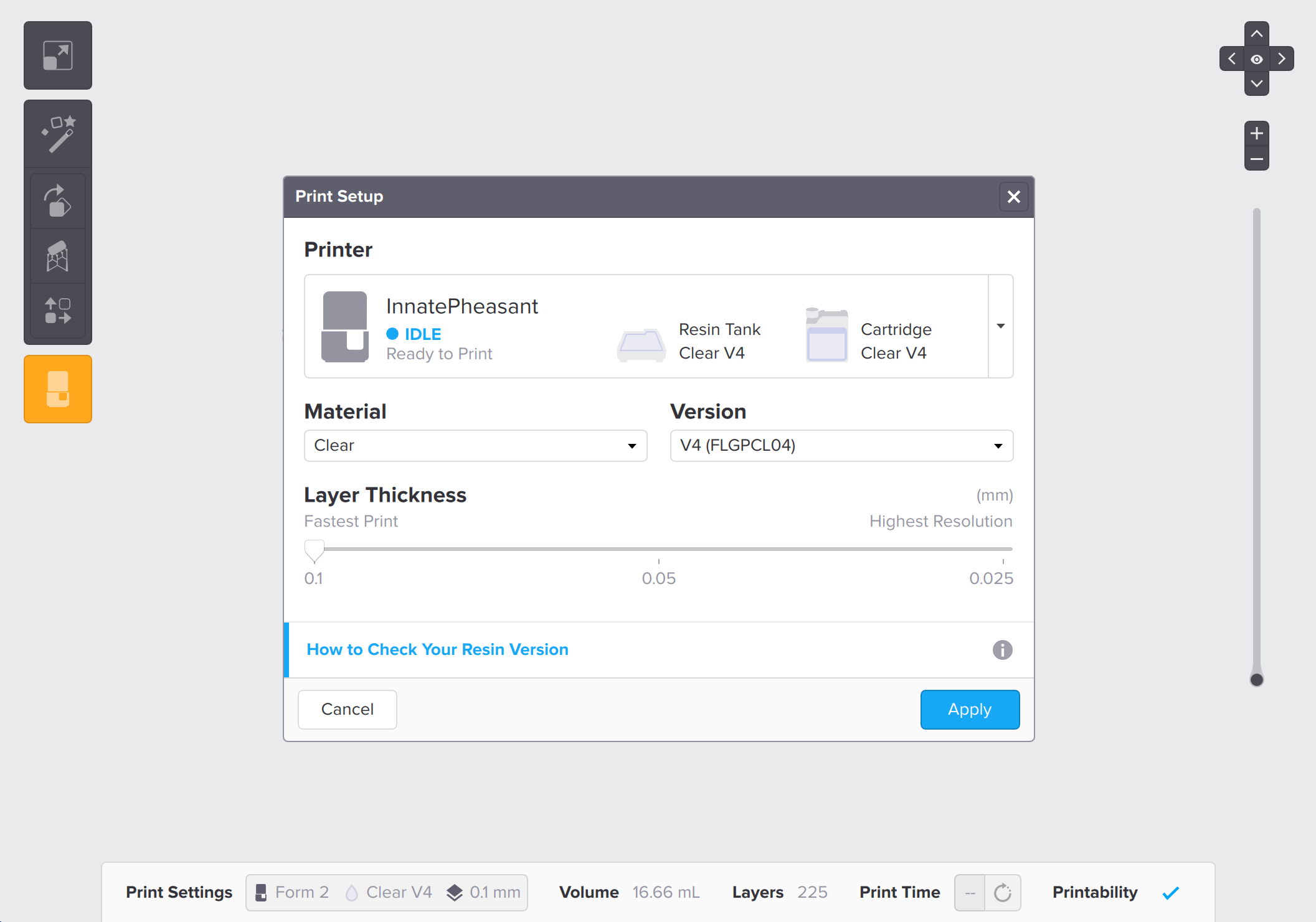 Print Setup window in Formlabs PreForm print preparation software