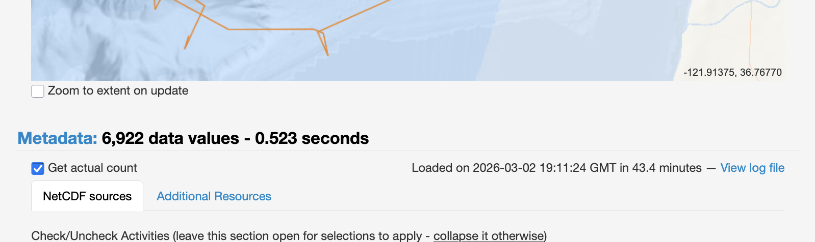 STOQS screenshot showing Get actual count checkbox