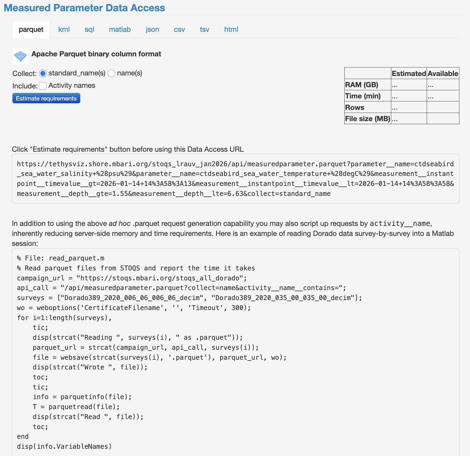 STOQS screenshot showing Apache Parquet data access