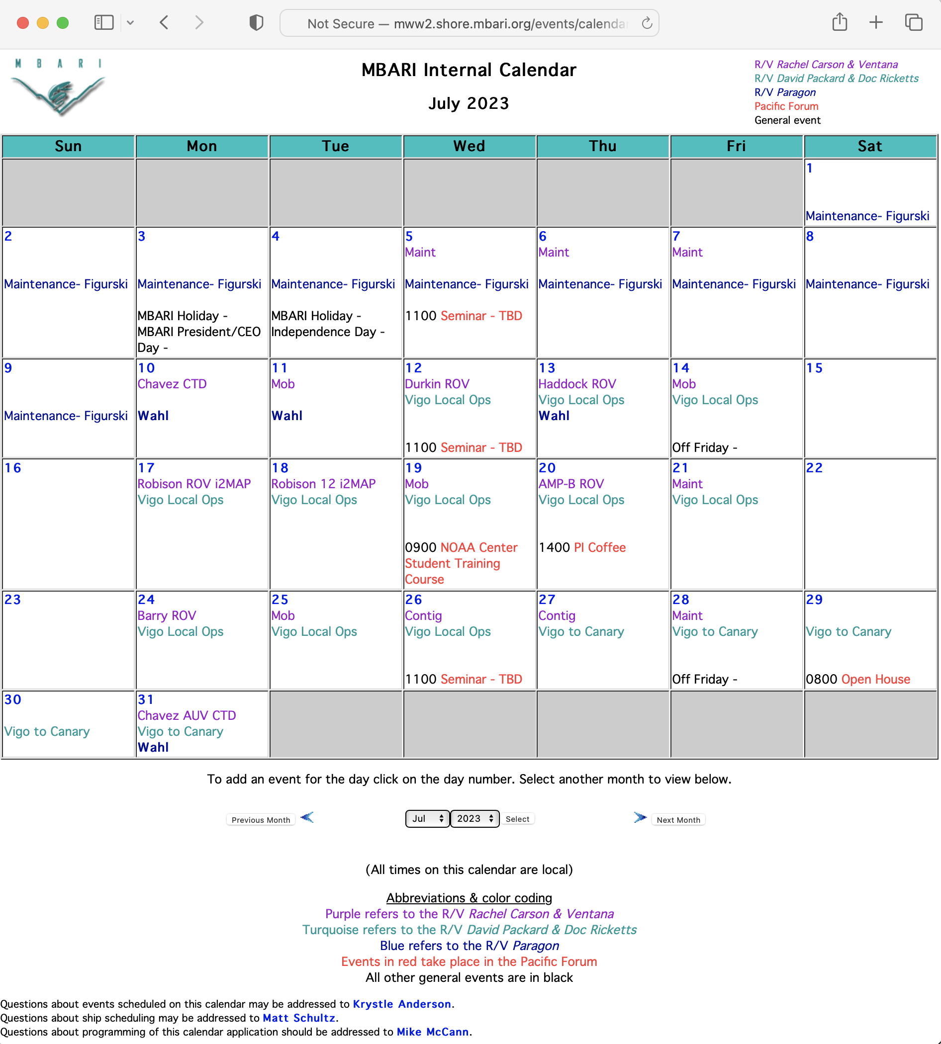 Screen shot of MBARI internal calendar for July 2023
